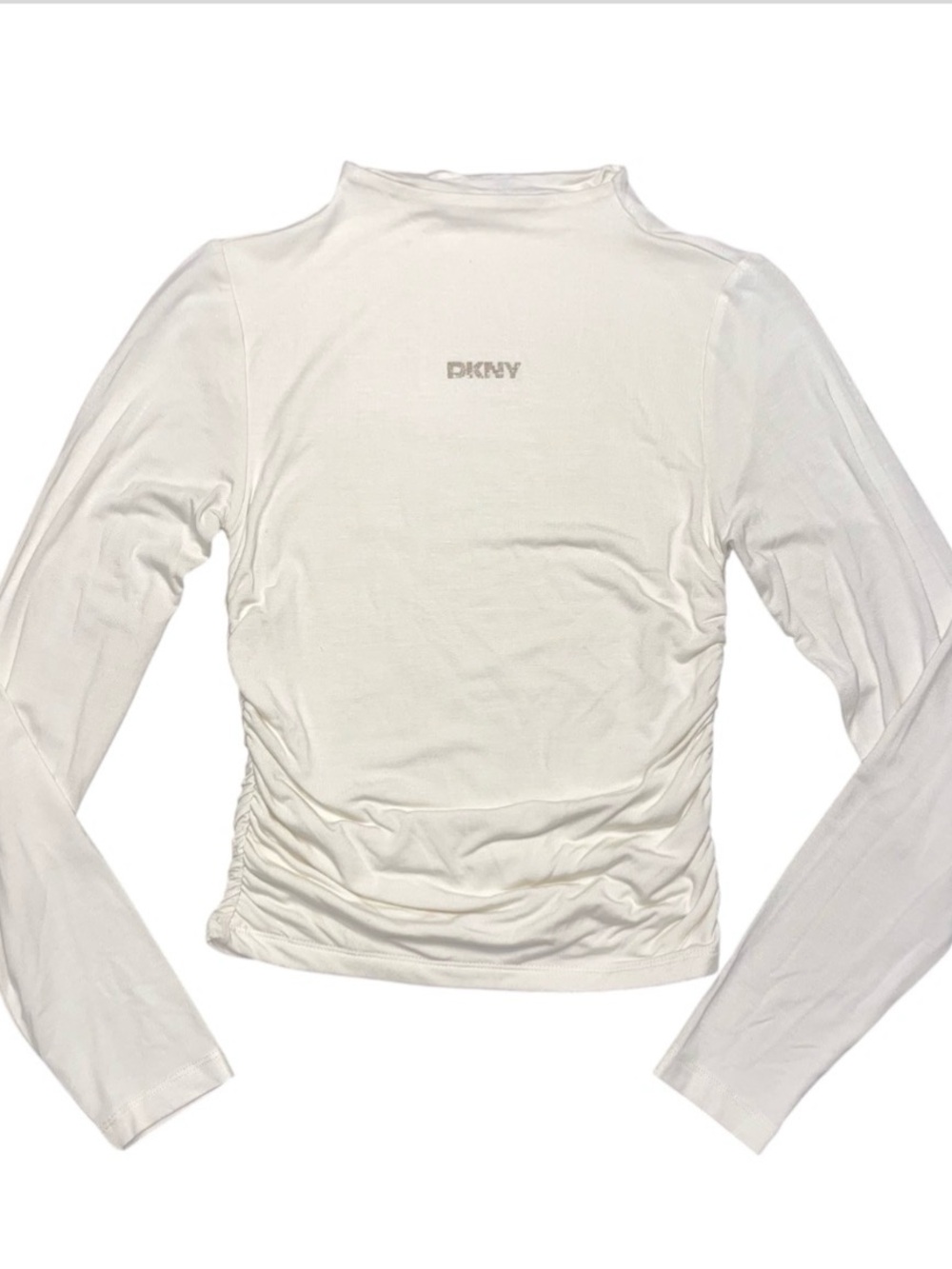 DKNY Beige Long Sleeve High Neck Pink Rhinestone XS Logo Scrunched Shirt NWT
